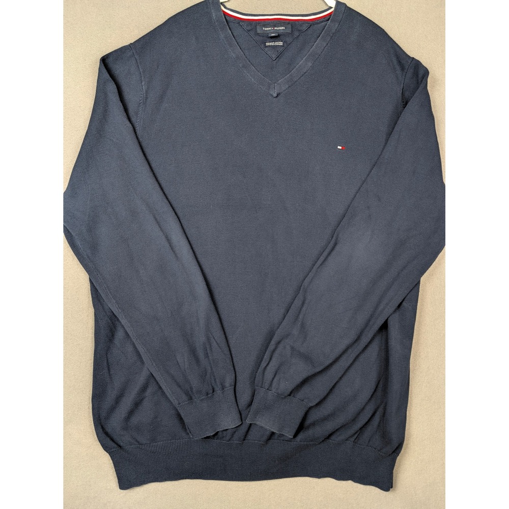 Tommy Hilfiger Mens XXL Navy Blue V-Neck Premium Cotton Knit Sweater Logo